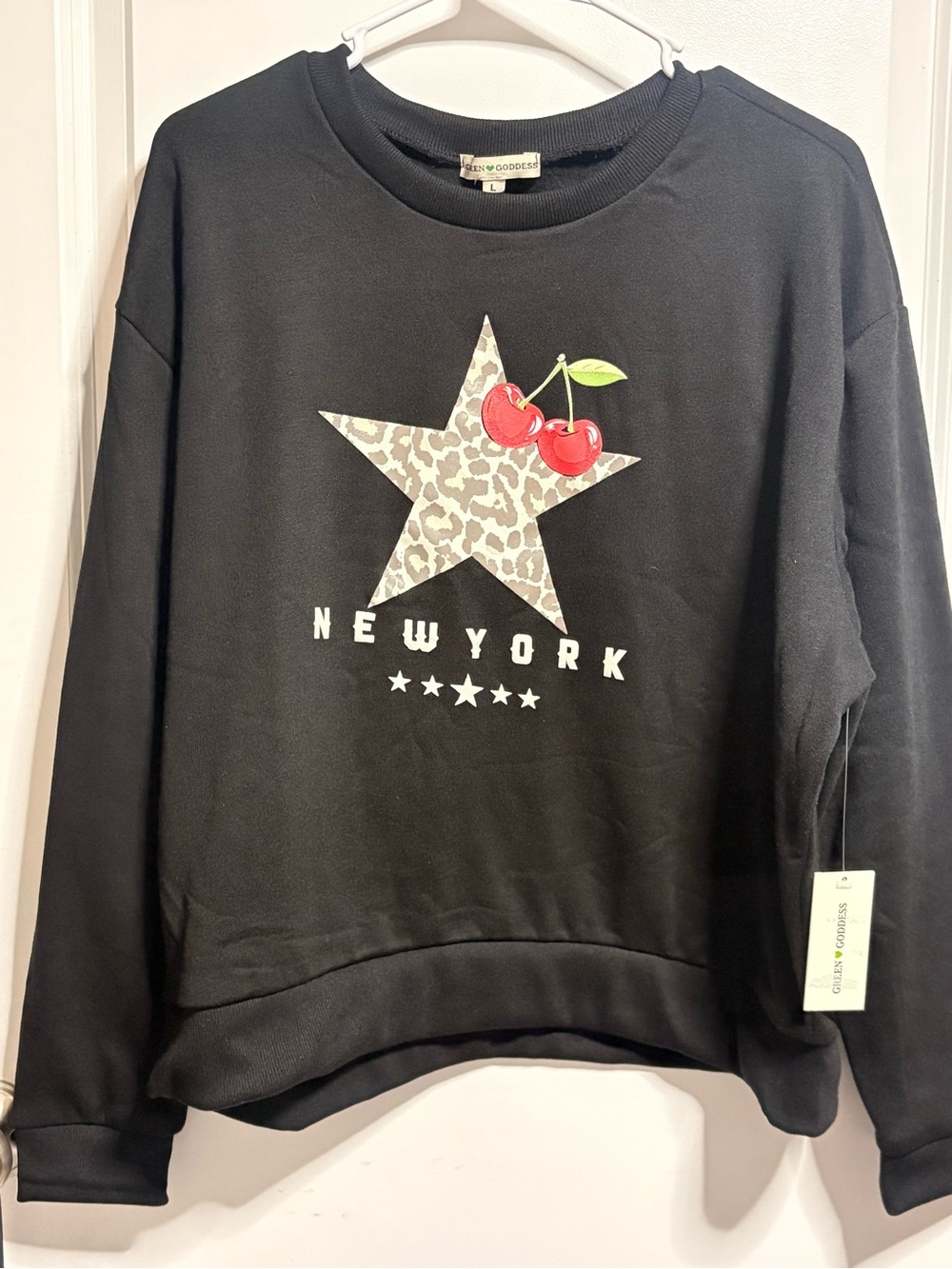 Green Goddess Black Crewneck with Leopard Star & Red Cherry Graphic